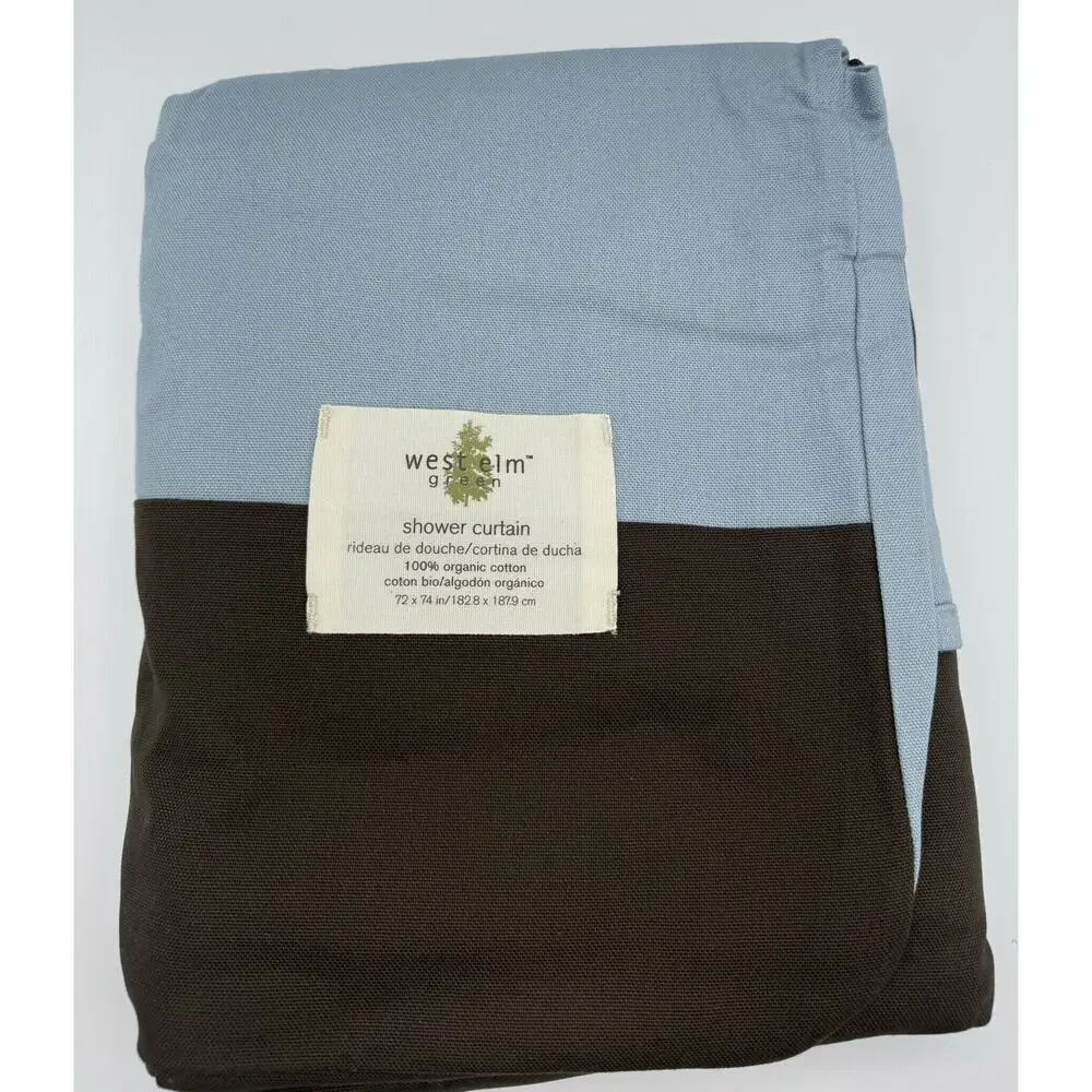 West Elm Shower Curtain 100% Organic Cotton Brown Blue Color Block 72
